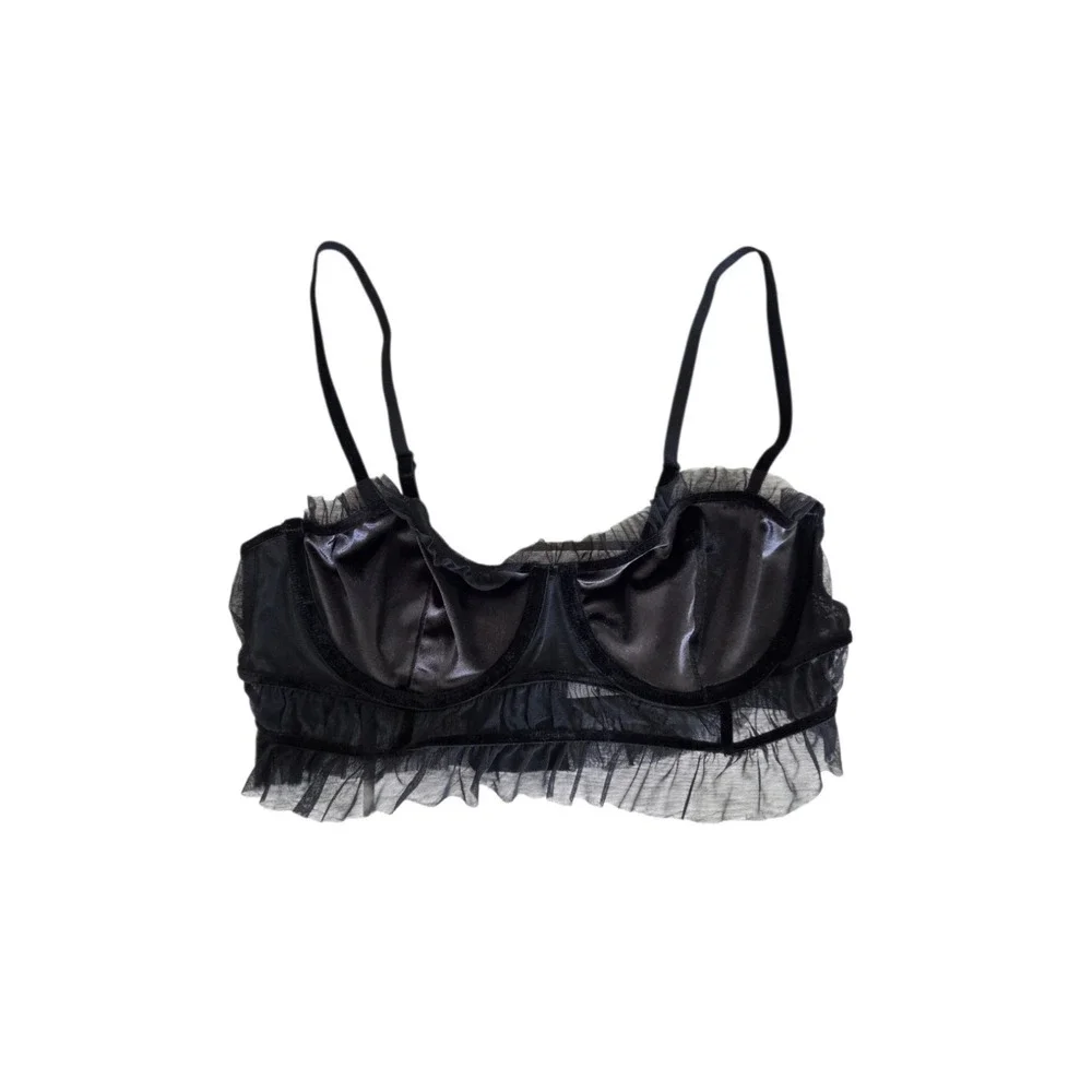 Auden Black Velvet Mesh Pleated Bralette Bra S‎ Lingerie Coquette Whimsigoth NEW